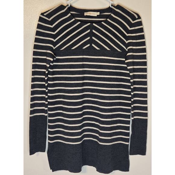 Tory Burch Tunic Sweater Women's 100% Merino Wool Gray Cream Striped Slits Small - Picture 1 of 9